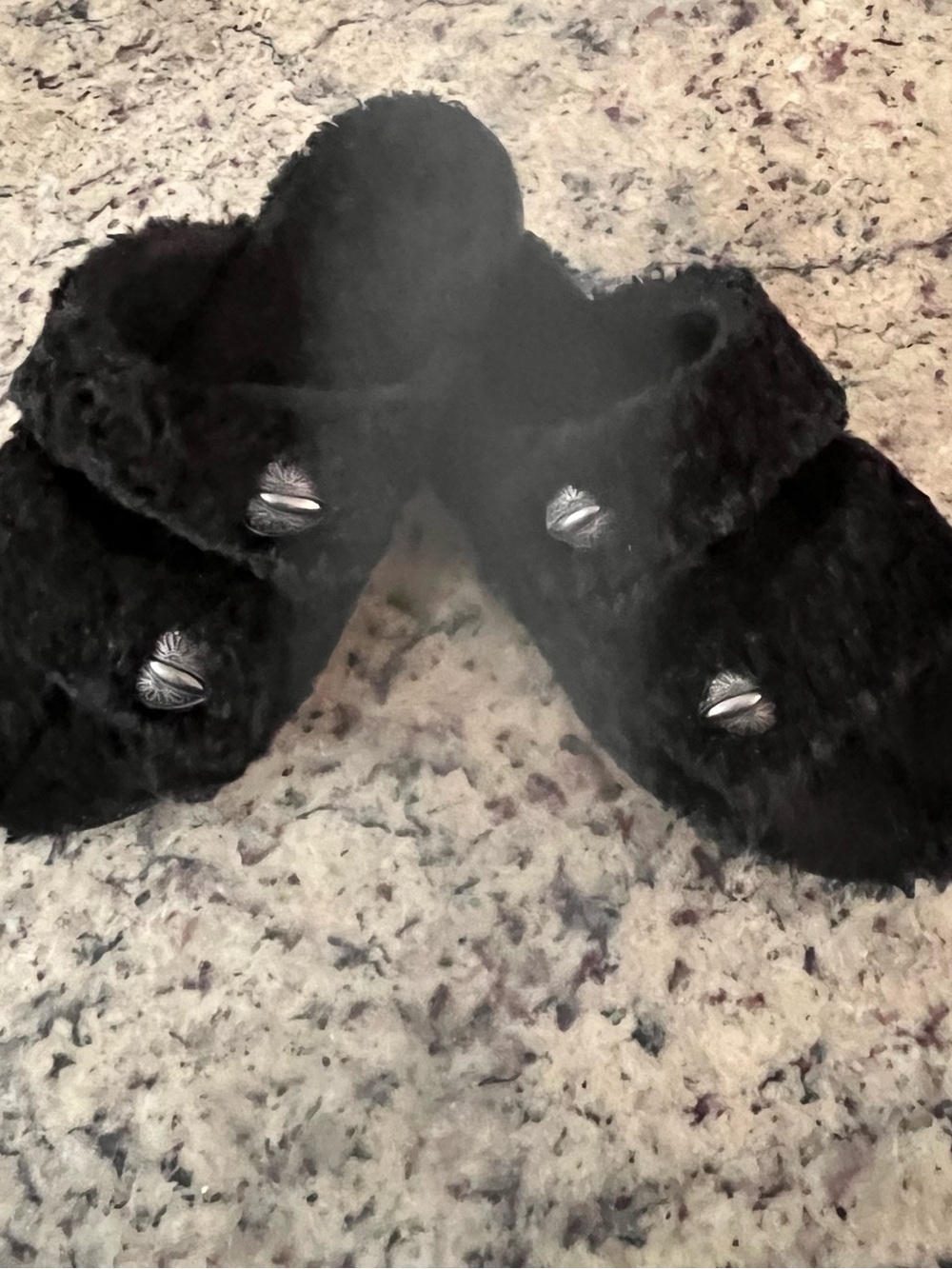 Alegria Black Faux Fur Slip-On Slippers with Decorative Buttons